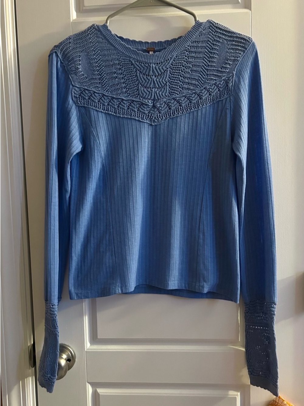 Free People Colette Scallop Knit Pointelle Sweater Blue Size Small